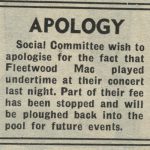 Image of article from student newspaper 'The Gongster' apologising to students for Fleetwood Mac's short performance and saying they are withholding some of their fee