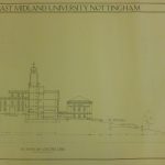 Sectional elevation of what is titled the East Midlands University building through the centre line, showing the Trent building, hillside and lake.