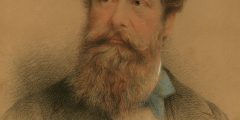 Portrait in crayon (colour) of Henry P.F. Pelham-Clinton, 5th Duke of Newcastle under Lyne c.1850s. The head and shoulders pastel portrait shows the 5th Duke wearing a dark suit, white shirt and blue neck tie, with a full beard and moustache.
