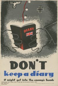 Image of shadowy hands holding a black diary. Don't keep a diary, it might get into the enemy's hands.