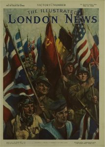 Full colour front page showing a drawing of representatives of each military branch marching towards the viewer, holding the flags of the Allies.