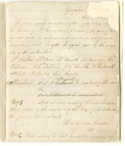 Handwritten page, torn around the edges and later conserved, listing names of members and rules of the Society