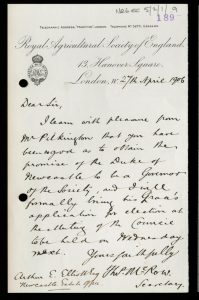 Handwritten letter on Royal Agricultural Society headed paper thanking the Duke for his support.