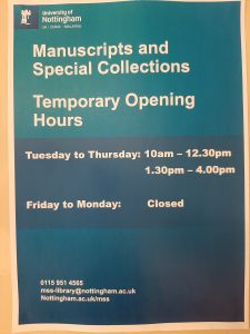 Poster of temporary opening times on the Reading Room door