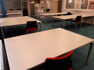 New reading room layout with only one chair per table 
