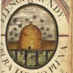 Front of the book showing a hand coloured hive surrounded by honey bees in the centre, with the title, date and Latin motto written in an oval around it