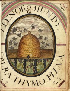 Front of the book showing a hand coloured hive surrounded by honey bees in the centre, with the title, date and Latin motto written in an oval around it
