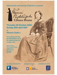 Poster advertising the exhibition. The main image is a photo of Nightingale seated holding a book.