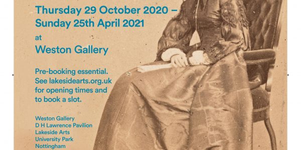 Poster advertising the exhibition. The main image is a photo of Nightingale seated holding a book.