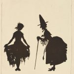 Silhouette of Cinderella and her fairy godmother, who is portrayed looking more like a witch than a fairy
