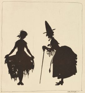 Silhouette of Cinderella and her fairy godmother, who is portrayed looking more like a witch than a fairy