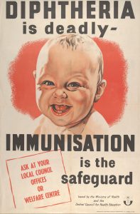 Poster depicting a smiling baby and the slogan 'Diphtheria is Deadly, Immunisation is the safeguard'