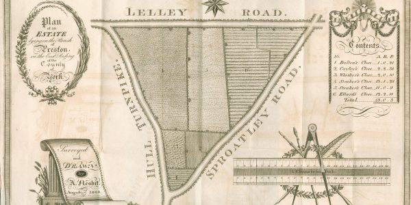 Monochrome plan of a triangular piece of land surrounded by roads, with gates and trees marked, along with the engraver's name drawn on a scroll, and a scale bar embellished by surveying equipment