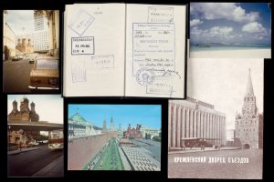 Montage of photos of Russian streets and a passport open to show the Russian visa stamp