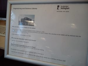 Photograph of a sign for users within George Green Library.