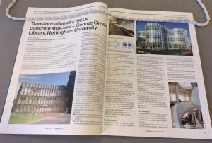 Photograph of a magazine open at a double page spread showing before and after photographs of the George Green Library extension and refurbishment.