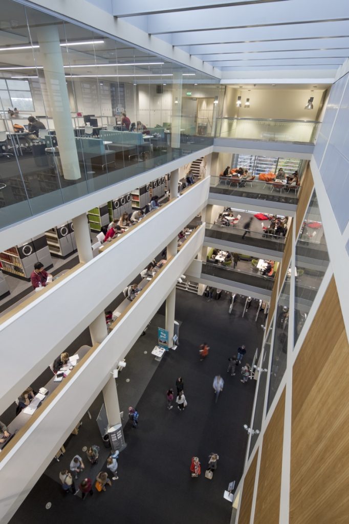 Photograph showing the atrium in the refurbished George Green Library.