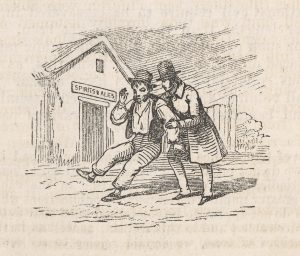Engraving showing a drunken man outside a pub being helped by a sober man.