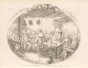 Engraving showing the interior of a Nottingham pub in the early 1800s with a group of men smoking, drinking and talking politics
