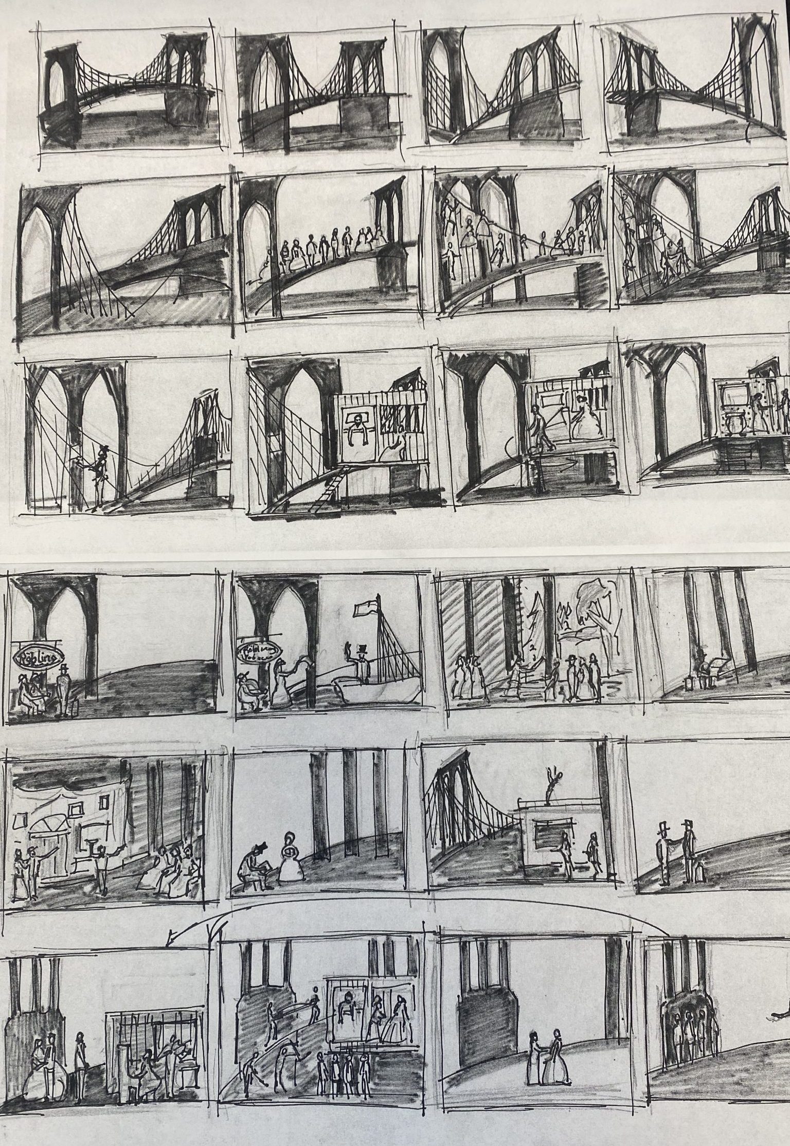 Pencil drawings found next to script drafts of ‘The Bridge'