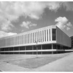 Black and white photograph of the exterior of the newly constructed library.