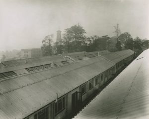 Photograph of the "cowsheds", rows of temporary buildings. In the background can be seen the Trent Building.