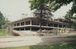 Photograph showing the hollow building of the library with two storeys now in place.