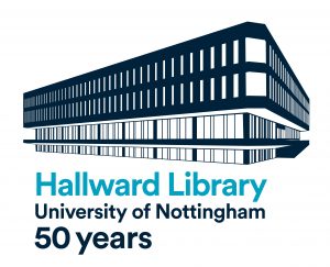 Logo featuring a graphic representation of Hallward Library with the text "Hallward Library : University of Nottingham : 50 years"