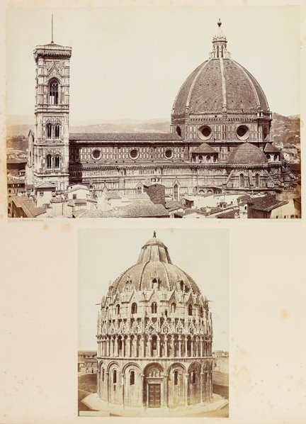 Sepia photographs of the Florence Duomo and the Pisa Baptistry