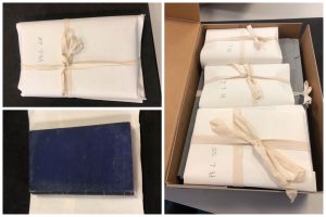 Volume wrapped in acid-free paper and tape and stored in archival quality boxes