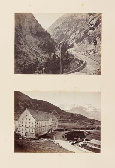 Two sepia photographs of winding roads passing though mountainous landscapes in unidentified locations 