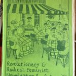 Cover of 'Revolutionary and Radical Feminist Newsletter 8, Autumn '81', showing a crowd of men and a few women sitting at tables outside the cafe. A poster shows an image of a suspected rapist being sought by the police. All the men outside the café are identical to the man in the poster.