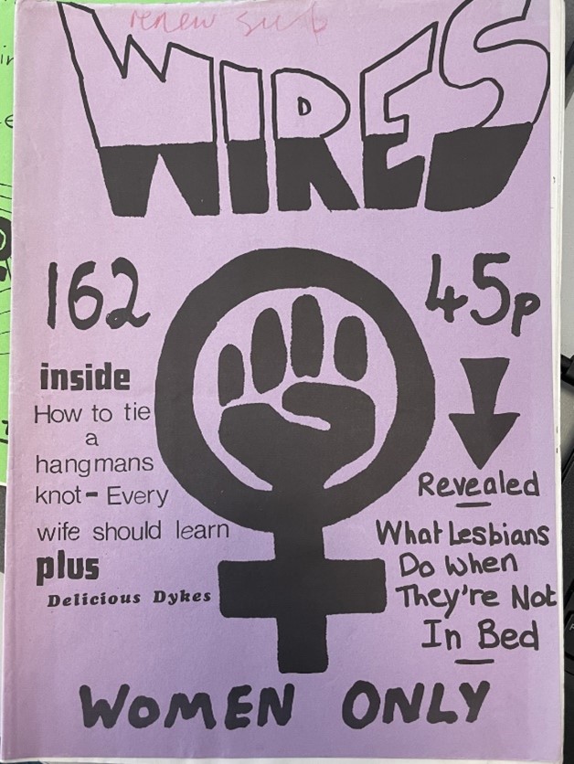 Magazine cover for 'WIRES no.162' from the Feminist Publications Collection. The magizine cover shows a large venus symbol with a fist in the centre.