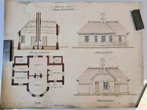 Hand-drawn architect's plans and elevations of a lodge cottage