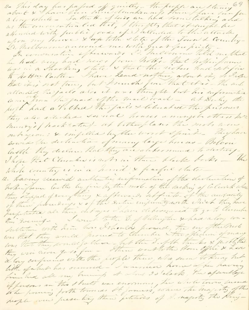 Image of page 69 of the first volume of the diary of the 4th Duke of Newcastle Under Lyme
