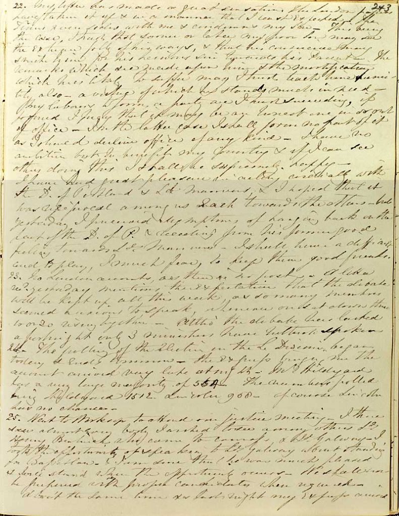 Photograph of page 243 of the seventh volume of the Duke of Newcastle's, discussing his opposition to his son's political activities.