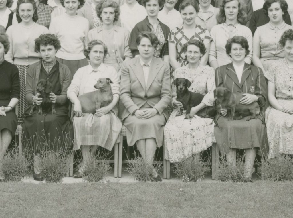 1953 year group photograph of Audrey Beecham with students from Nightingale Hall and her dachshund dogs