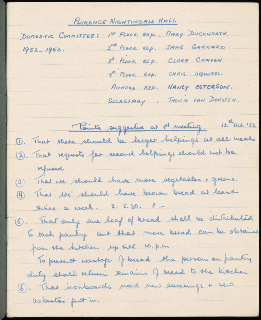 Page from minute book containing minutes of meeting of the Nightingale Hall Domestic Committee, 12 Oct. 1952