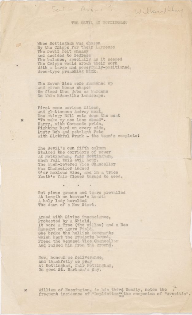 Photo of a typescript poem by Audrey Beecham entitled 'The Devil at Nottingham', written about the contemporary hall wardens