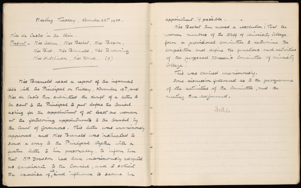 Page from minute book containing minutes of the inaugural meeting of the Women’s Staff Society, 23 Nov. 1920 