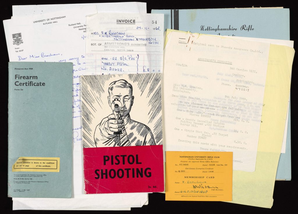 Montage of Audrey Beecham's shooting certificates and paraphernalia, including her firearms certifcate