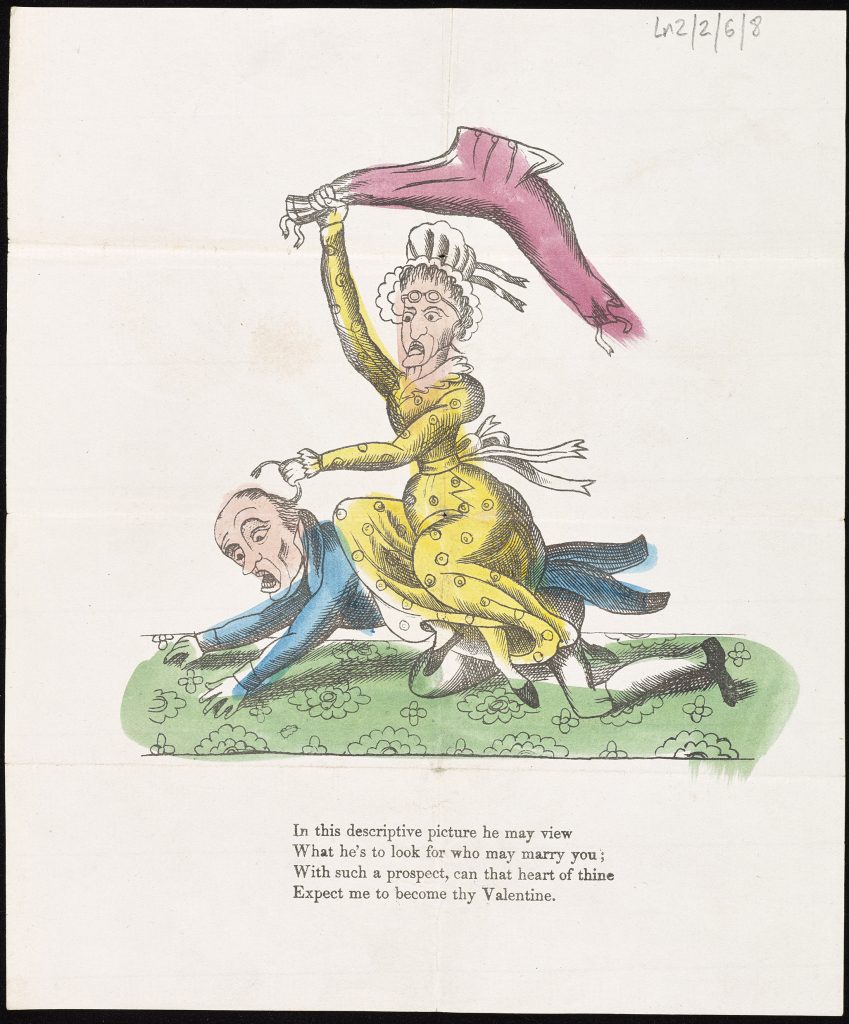 A printed image (a cartoon-style sketch) of a woman sat on top of a man and hitting him with an apron. Below the image lies a short derogatory poem for Valentine's Day. 