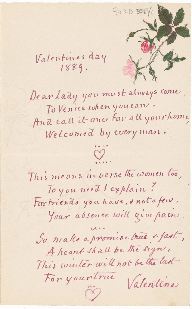 Handwritten Valentine's poem written in pink ink with sketch of roses in top right-hand corner. 