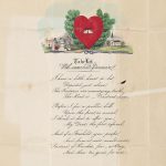 A printed Valentine's poem featuring an image of a house hovering inside a hear, on a backdrop of a bucolic rural village.