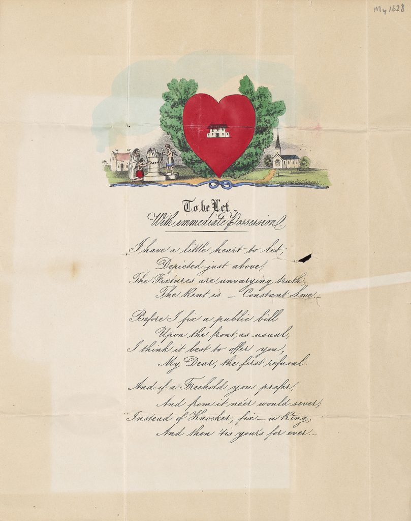 A printed Valentine's poem featuring an image of a house hovering inside a hear, on a backdrop of a bucolic rural village. 