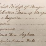 Text reading: The Right Hon[ourable] Lord Bishop of Bangor; The Rev[erend] W J Cotton, Dean of Bangor, £2; Richard Garner Esquire, £2; Ric[hard] Thomas Esquire, £2; Mrs Hunt Glamg[wnna?], £1; Men[a?] [F?]ion Anglesea, £1; Rowland Jones Esquire, Broom Hall, £1