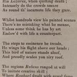 An extract from a printed poem praising the paintings of Thomas Williams. The extract reads as follows: Then to admire, we stop our breath /His Lazarus, when quitting death; Intensely do the crowds amaze; As round th' incarnate life they gaze./ Whilst hundreds view his painted scenes/ There's no mistaking what he means,/ Unless some think he has by art/ Endow'd with life a counterpart./ The steps to eminence he treads/ He wings his flight above our heads;/ This bird of nature stands aloof,/ And proudly scales yon airy roof./ The regions Rubens ranged at will/ To imitate creative skill;/ Where Raphael dwelt with equal fame,/ There too we find our artist's name.