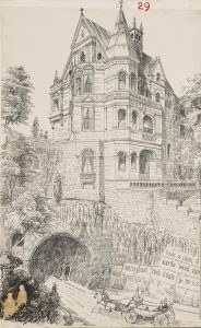 A black and white sketch of a house on the Park Estate, with an imagined image of a carriage entering the Park Tunnel running along the bottom.