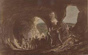 A print of knights in a rock-cut tunnel 