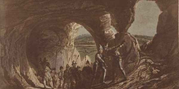 A print of knights in a rock-cut tunnel